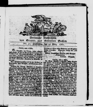 Berlinische Nachrichten von Staats- und gelehrten Sachen vom 26.03.1761