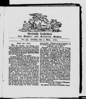 Berlinische Nachrichten von Staats- und gelehrten Sachen vom 31.03.1761