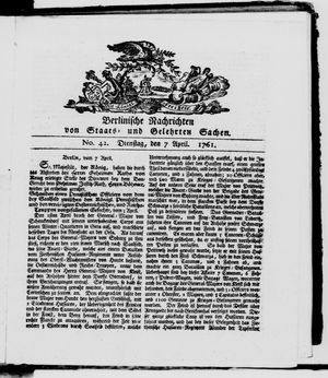 Berlinische Nachrichten von Staats- und gelehrten Sachen vom 07.04.1761