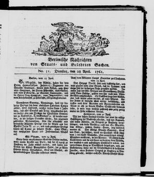 Berlinische Nachrichten von Staats- und gelehrten Sachen vom 28.04.1761