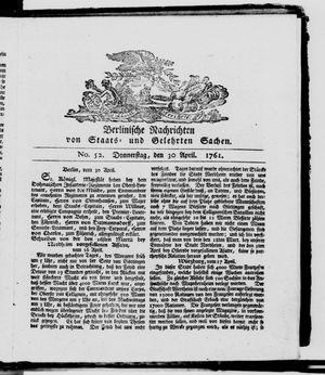 Berlinische Nachrichten von Staats- und gelehrten Sachen vom 30.04.1761