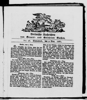 Berlinische Nachrichten von Staats- und gelehrten Sachen vom 09.05.1761
