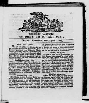 Berlinische Nachrichten von Staats- und gelehrten Sachen vom 13.06.1761