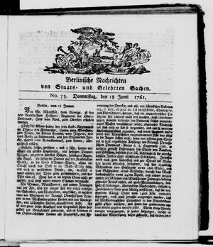 Berlinische Nachrichten von Staats- und gelehrten Sachen vom 18.06.1761