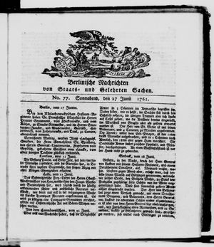 Berlinische Nachrichten von Staats- und gelehrten Sachen vom 27.06.1761