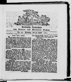 Berlinische Nachrichten von Staats- und gelehrten Sachen vom 30.06.1761