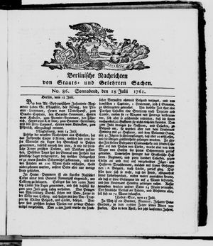 Berlinische Nachrichten von Staats- und gelehrten Sachen vom 18.07.1761