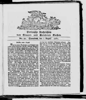 Berlinische Nachrichten von Staats- und gelehrten Sachen on Aug 1, 1761