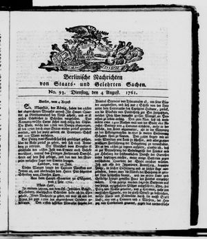 Berlinische Nachrichten von Staats- und gelehrten Sachen on Aug 4, 1761