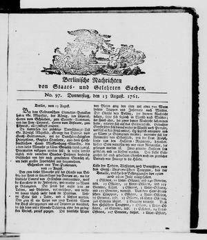 Berlinische Nachrichten von Staats- und gelehrten Sachen vom 13.08.1761
