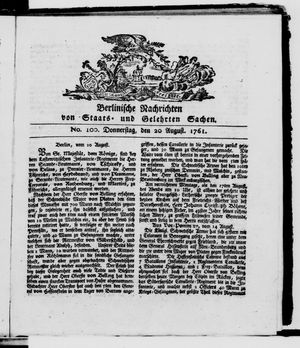 Berlinische Nachrichten von Staats- und gelehrten Sachen vom 20.08.1761