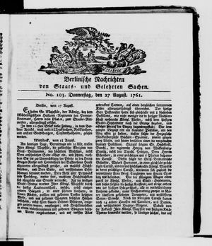 Berlinische Nachrichten von Staats- und gelehrten Sachen vom 27.08.1761