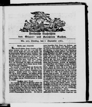 Berlinische Nachrichten von Staats- und gelehrten Sachen vom 01.09.1761