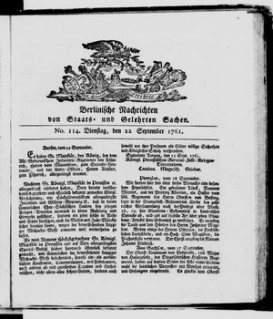 Berlinische Nachrichten von Staats- und gelehrten Sachen vom 22.09.1761