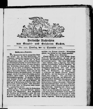 Berlinische Nachrichten von Staats- und gelehrten Sachen vom 29.09.1761