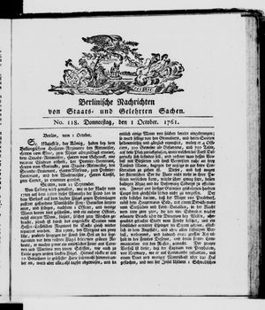 Berlinische Nachrichten von Staats- und gelehrten Sachen vom 01.10.1761