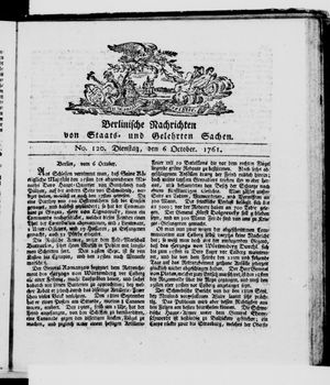 Berlinische Nachrichten von Staats- und gelehrten Sachen vom 06.10.1761