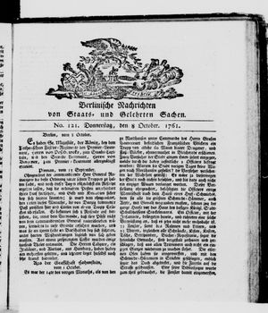 Berlinische Nachrichten von Staats- und gelehrten Sachen vom 08.10.1761