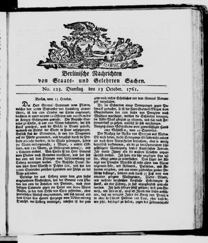 Berlinische Nachrichten von Staats- und gelehrten Sachen vom 13.10.1761