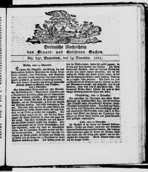 Berlinische Nachrichten von Staats- und gelehrten Sachen vom 14.11.1761