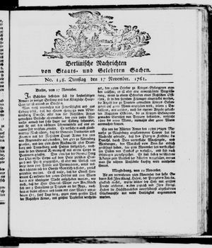 Berlinische Nachrichten von Staats- und gelehrten Sachen on Nov 17, 1761