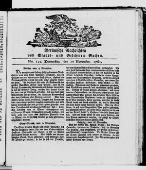 Berlinische Nachrichten von Staats- und gelehrten Sachen vom 19.11.1761