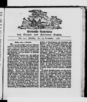 Berlinische Nachrichten von Staats- und gelehrten Sachen on Nov 24, 1761