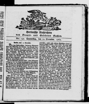Berlinische Nachrichten von Staats- und gelehrten Sachen vom 10.12.1761