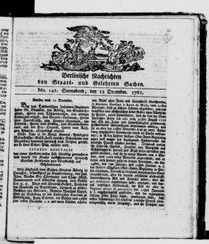 Berlinische Nachrichten von Staats- und gelehrten Sachen vom 12.12.1761