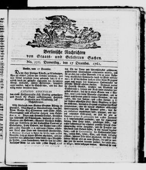 Berlinische Nachrichten von Staats- und gelehrten Sachen vom 17.12.1761