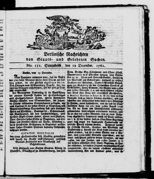 Berlinische Nachrichten von Staats- und gelehrten Sachen vom 19.12.1761