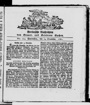 Berlinische Nachrichten von Staats- und gelehrten Sachen vom 24.12.1761