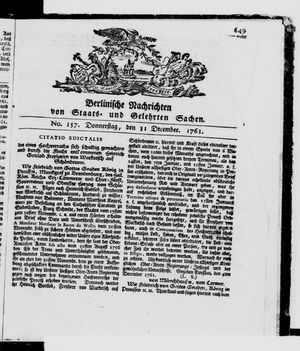 Berlinische Nachrichten von Staats- und gelehrten Sachen vom 31.12.1761