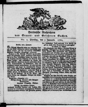 Berlinische Nachrichten von Staats- und gelehrten Sachen vom 05.01.1762