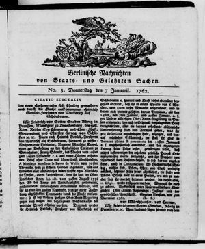 Berlinische Nachrichten von Staats- und gelehrten Sachen vom 07.01.1762