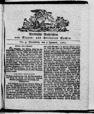 Berlinische Nachrichten von Staats- und gelehrten Sachen vom 09.01.1762