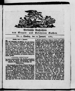Berlinische Nachrichten von Staats- und gelehrten Sachen on Jan 12, 1762