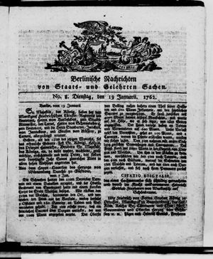 Berlinische Nachrichten von Staats- und gelehrten Sachen vom 19.01.1762