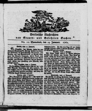 Berlinische Nachrichten von Staats- und gelehrten Sachen vom 23.01.1762