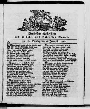 Berlinische Nachrichten von Staats- und gelehrten Sachen vom 26.01.1762
