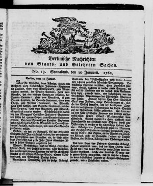 Berlinische Nachrichten von Staats- und gelehrten Sachen vom 30.01.1762