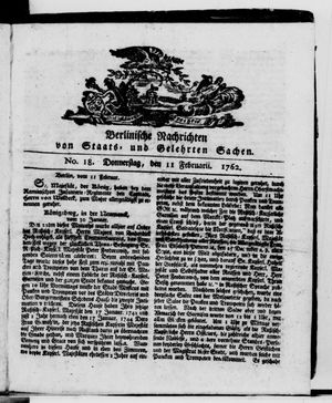 Berlinische Nachrichten von Staats- und gelehrten Sachen vom 11.02.1762