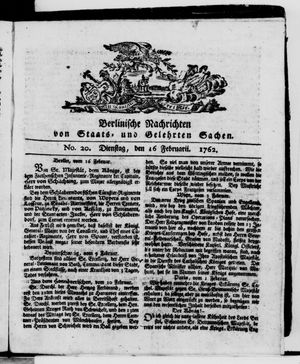 Berlinische Nachrichten von Staats- und gelehrten Sachen vom 16.02.1762