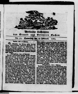 Berlinische Nachrichten von Staats- und gelehrten Sachen on Feb 18, 1762