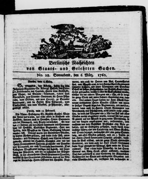 Berlinische Nachrichten von Staats- und gelehrten Sachen vom 06.03.1762
