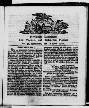 Berlinische Nachrichten von Staats- und gelehrten Sachen vom 10.04.1762