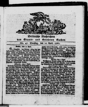 Berlinische Nachrichten von Staats- und gelehrten Sachen vom 20.04.1762