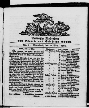 Berlinische Nachrichten von Staats- und gelehrten Sachen vom 22.05.1762