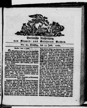 Berlinische Nachrichten von Staats- und gelehrten Sachen vom 13.07.1762