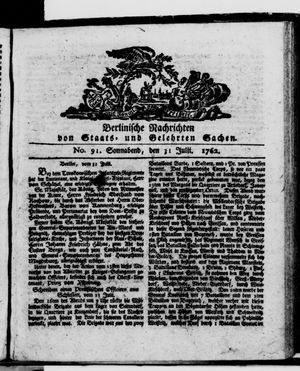 Berlinische Nachrichten von Staats- und gelehrten Sachen vom 31.07.1762